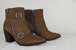 Women Block High Heels Ankle Boots Zipper Buckled Booties Brown Taupe Suede 7