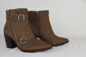 Women Block High Heels Ankle Boots Zipper Buckled Booties Brown Taupe Suede 7