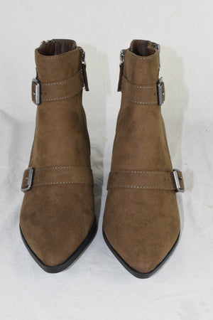 Women Block High Heels Ankle Boots Zipper Buckled Booties Brown Taupe Suede 7