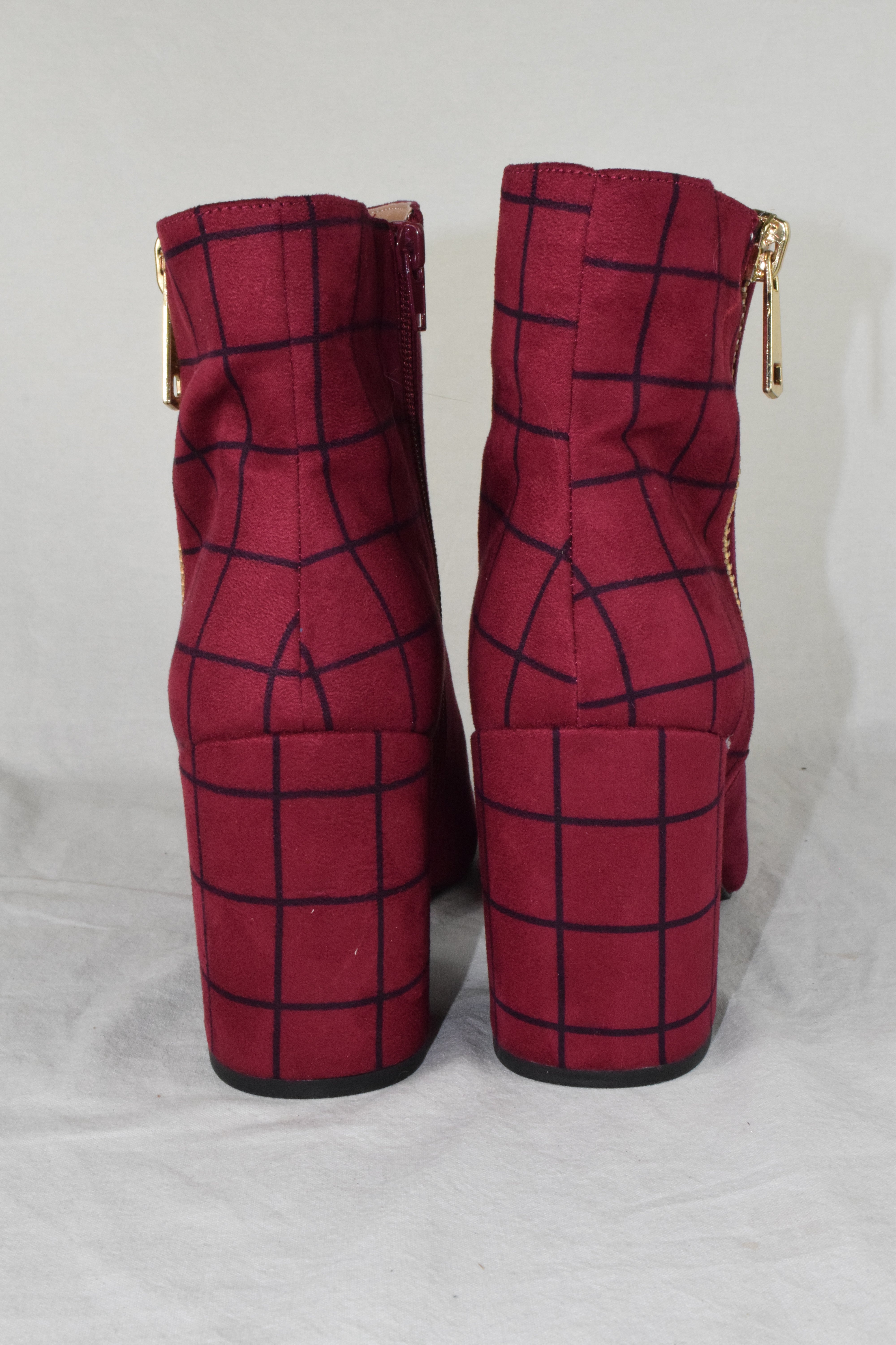 Women Block High Heels Ankle Boots Side Zipper Lug Sole Booties Red Burgundy 11