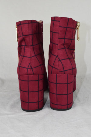 Women Block High Heels Ankle Boots Side Zipper Lug Sole Booties Red Burgundy 11