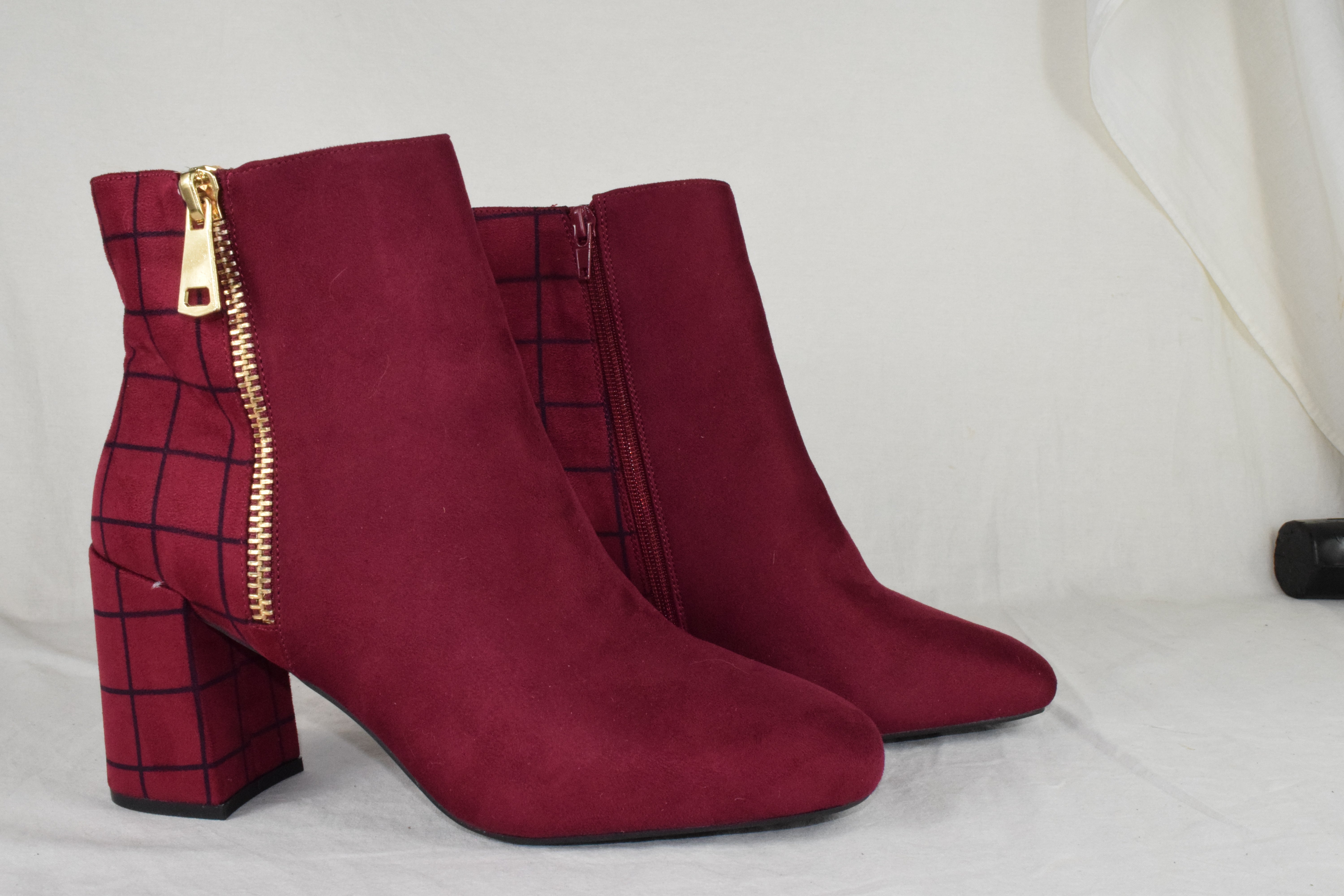 Women Block High Heels Ankle Boots Side Zipper Lug Sole Booties Red Burgundy 11
