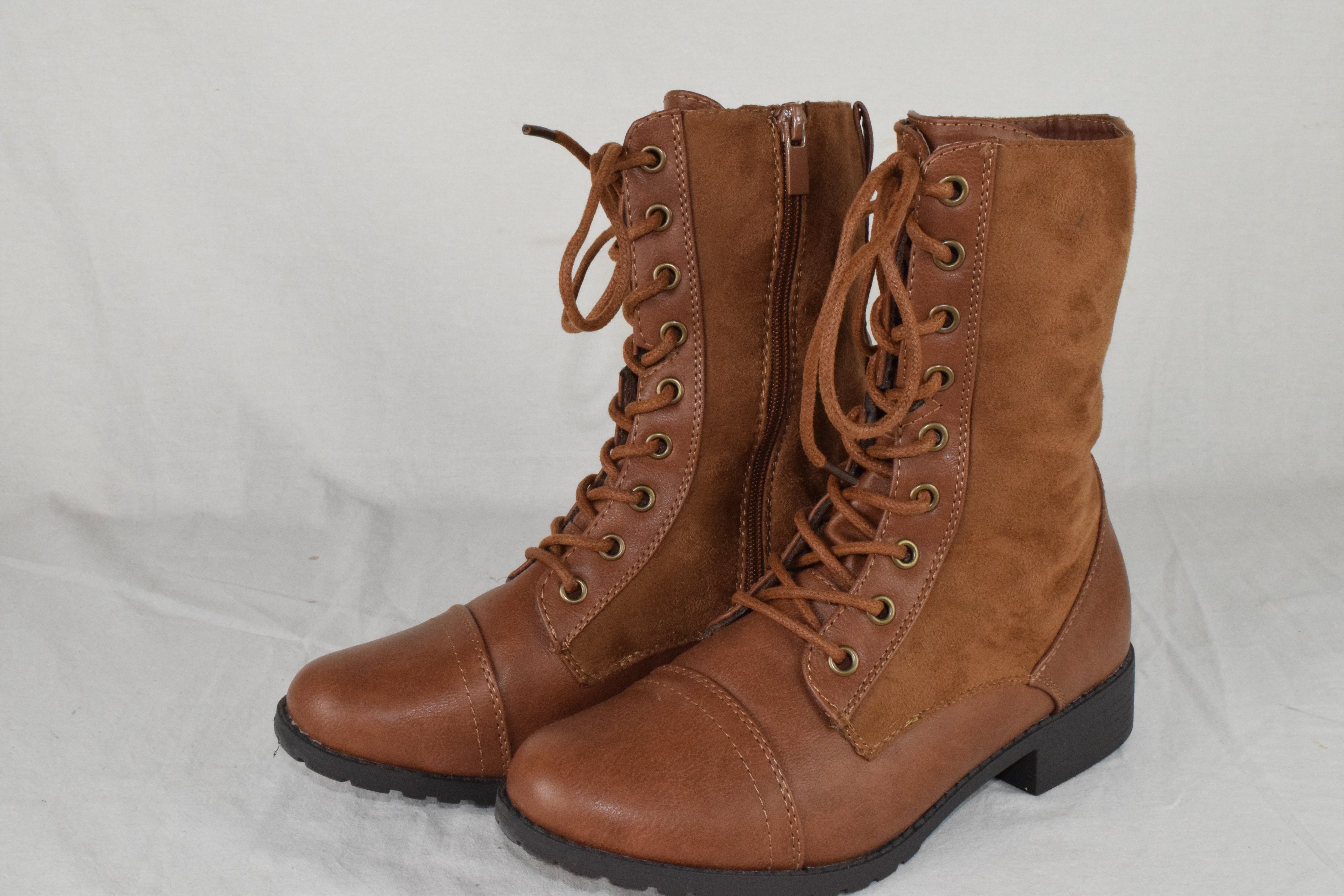 Forever Women Combat Army Boots Lace Zipper Leather/Suede JALEN Brown Tan 7.5