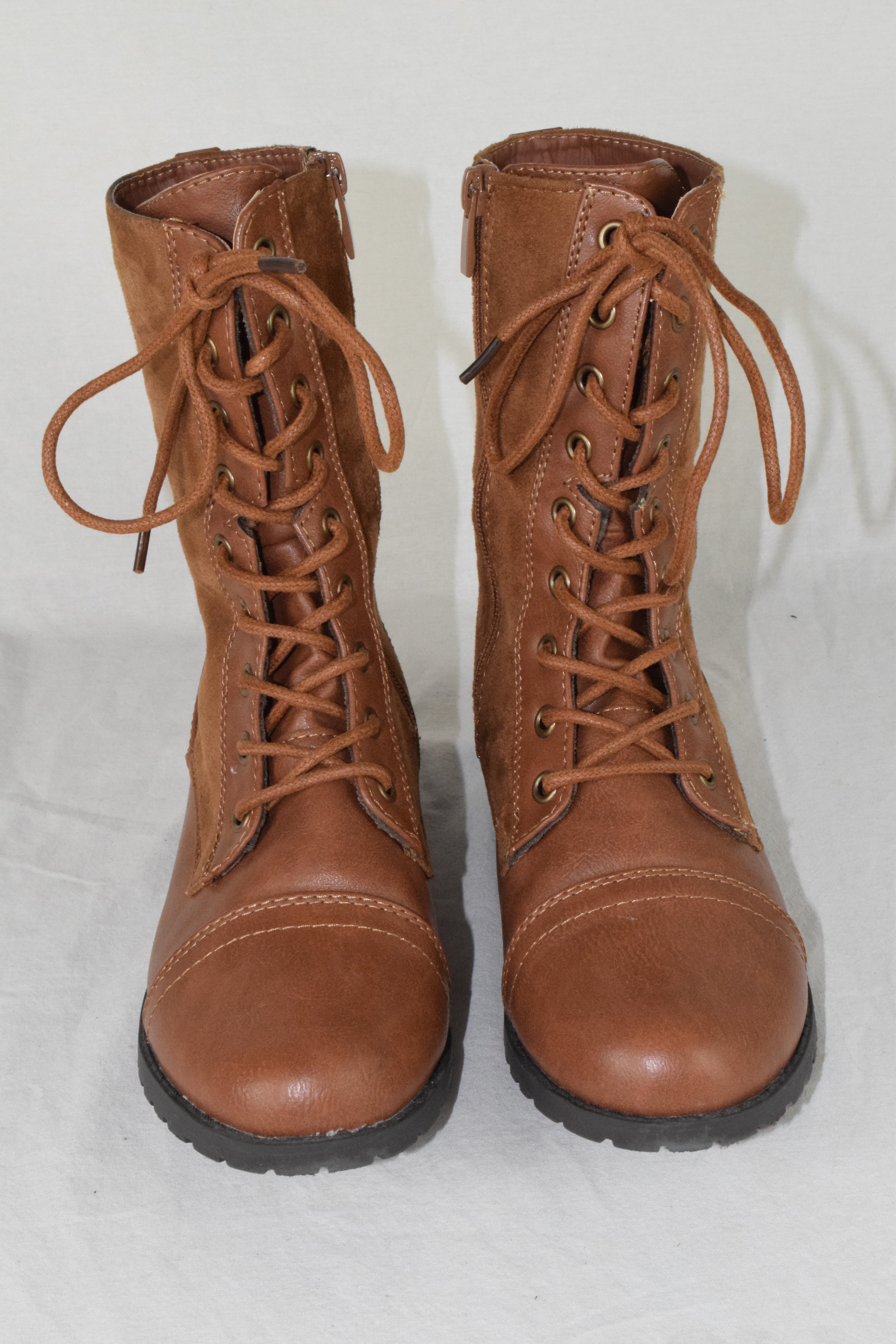 Forever Women Combat Army Boots Lace Zipper Leather/Suede JALEN Brown Tan 7.5
