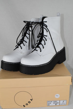 Soda Women Combat Platform Block Lug Sole Boots Zipper Lace Up FLING White 8.5