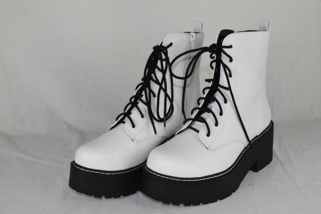 Soda Women Combat Platform Block Lug Sole Boots Zipper Lace Up FLING White 8.5