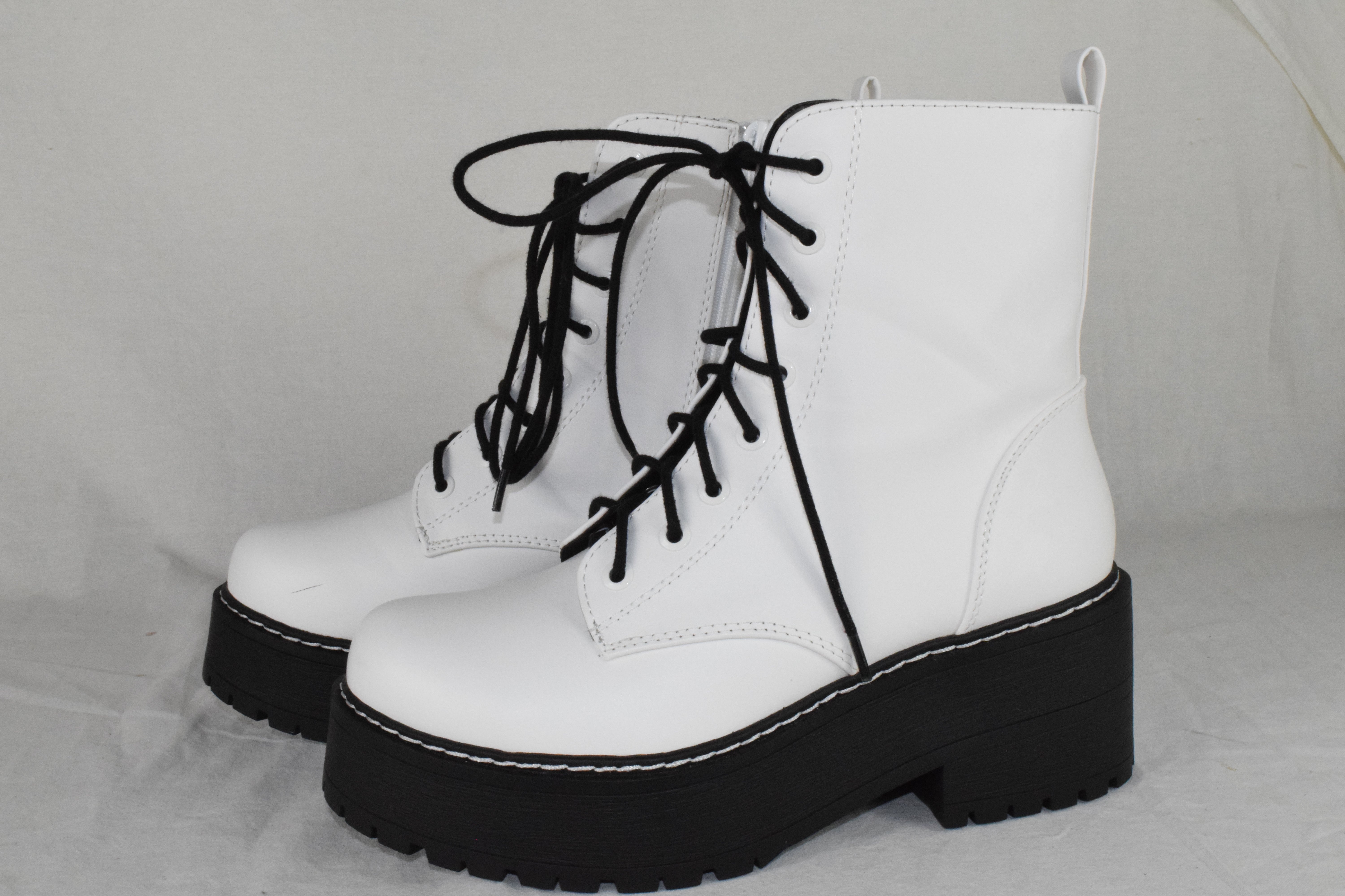 Soda Women Combat Platform Block Lug Sole Boots Zipper Lace Up FLING White 8.5
