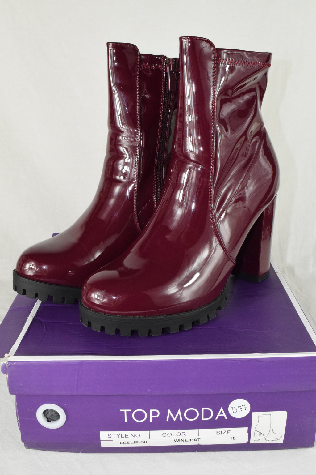 Top Moda Women Ankle Boot Block High Heels Booties Zipper LESLIE Burgundy PAT 10