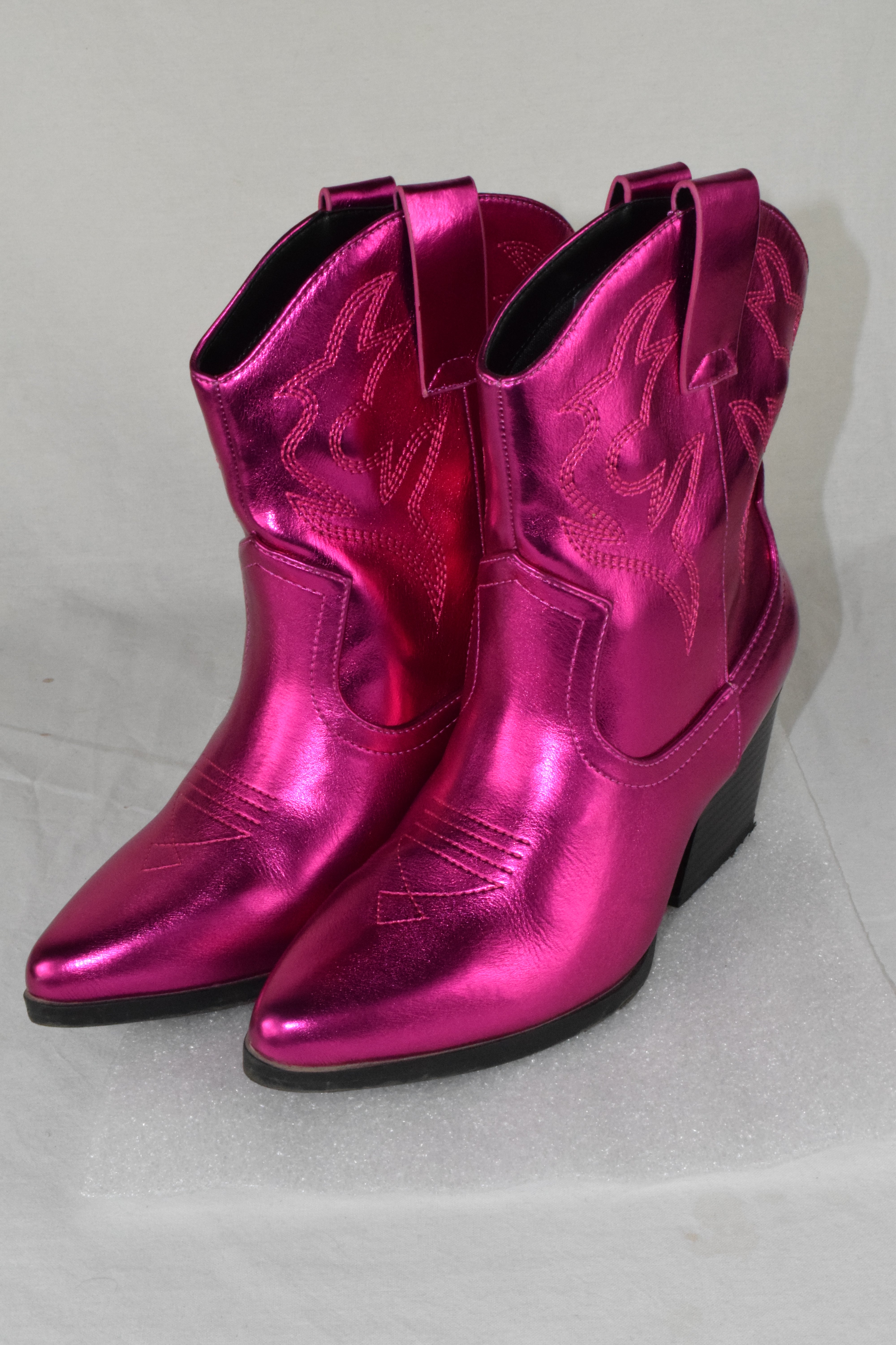 Soda Cowboy Western Stitched Ankle Boot Pointy Booties Pink Metallic BLAZING 7