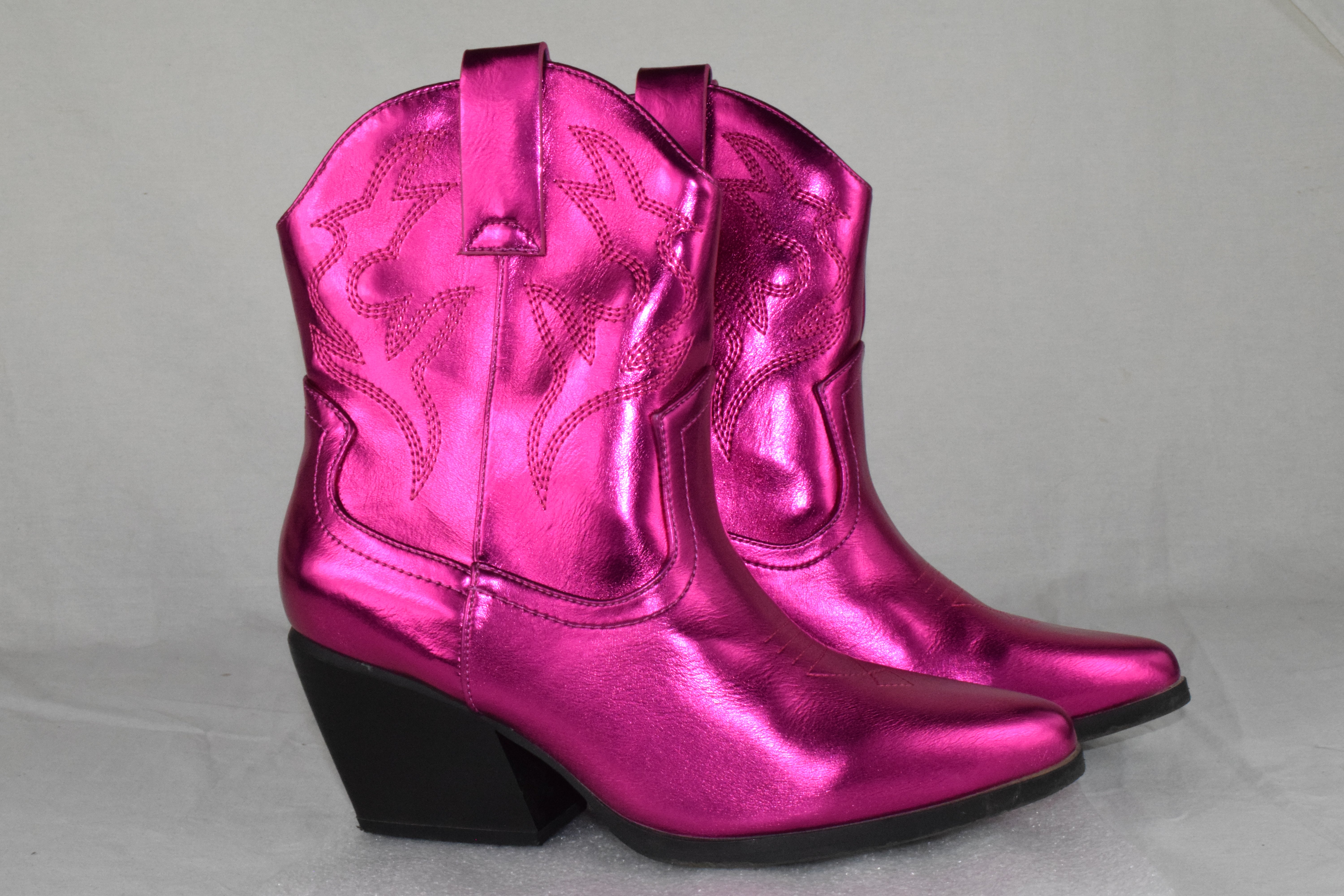 Soda Cowboy Western Stitched Ankle Boot Pointy Booties Pink Metallic BLAZING 7