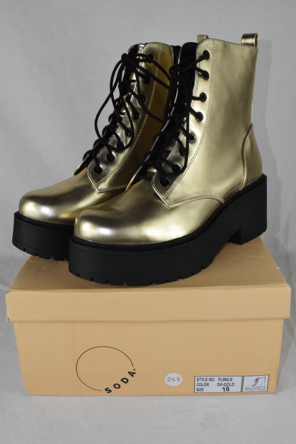Soda Women Combat Platform Block Lug Sole Boot Side Zipper Lace Up FLING Gold 10