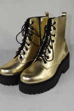 Soda Women Combat Platform Block Lug Sole Boot Side Zipper Lace Up FLING Gold 10