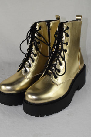 Soda Women Combat Platform Block Lug Sole Boot Side Zipper Lace Up FLING Gold 10