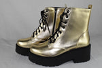 Soda Women Combat Platform Block Lug Sole Boot Side Zipper Lace Up FLING Gold 10