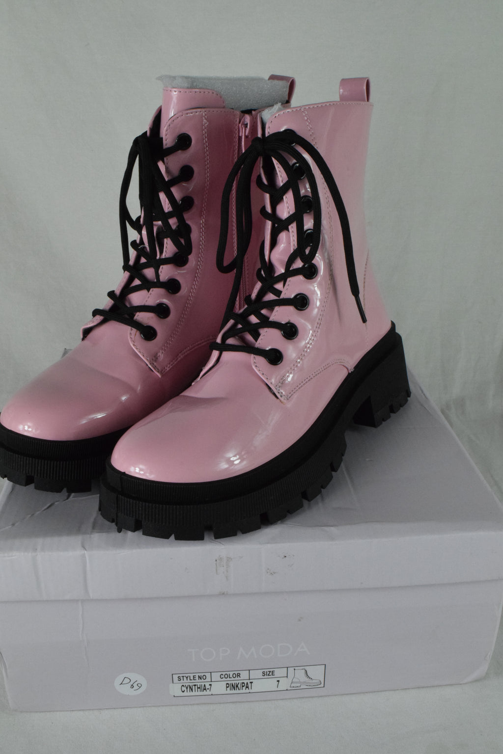 Top Moda Combat Army Boots Lace Up Zipper Lug Sole Booties CYNTHIA Pink Patent 7