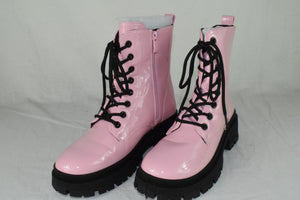 Top Moda Combat Army Boots Lace Up Zipper Lug Sole Booties CYNTHIA Pink Patent 7