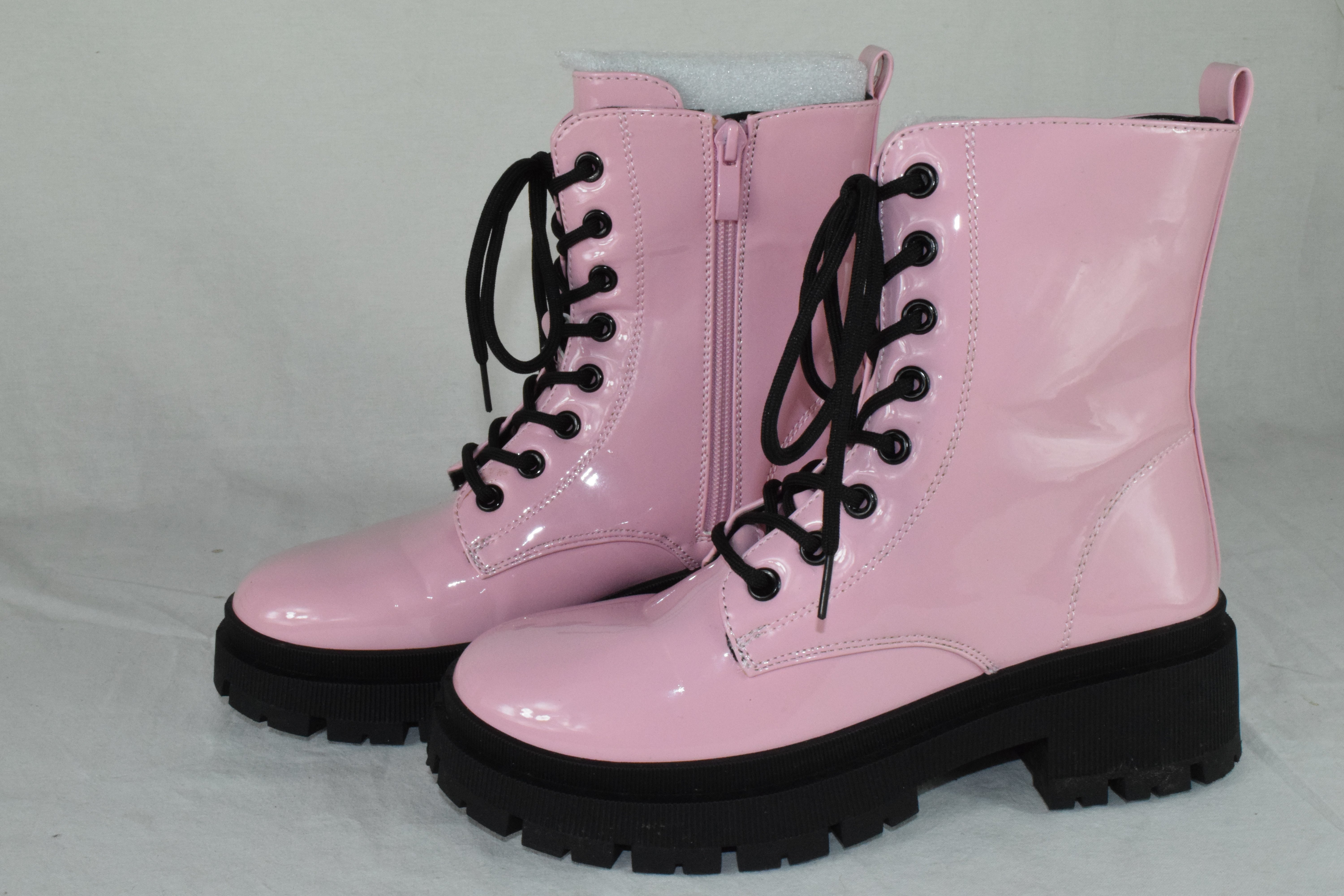 Top Moda Combat Army Boots Lace Up Zipper Lug Sole Booties CYNTHIA Pink Patent 7