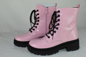 Top Moda Combat Army Boots Lace Up Zipper Lug Sole Booties CYNTHIA Pink Patent 7