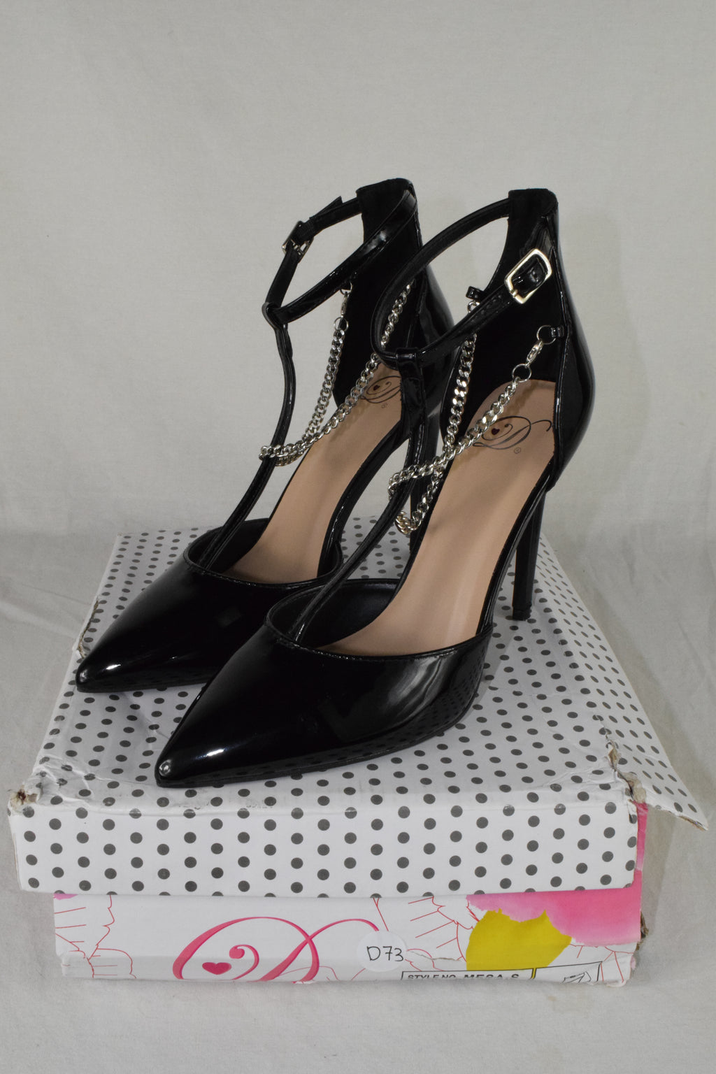 Delicious Women Stiletto Heels Anklet Silver Chain Strap Pointy MESA Black 7.5