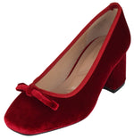 TOP MODA Women Velvet Block Heel Pumps Classic Square Toe Dress Shoes Bow ELBA-88 Red