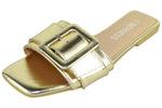 Berness Women’s Slide Sandals – Flat Slip-On Sandal with Oversized Buckle, Casual Summer Open Toe ELLIE Gold
