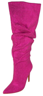 Berness Emerald Women's Rhinestone Slouchy Knee High Boots Pointed Toe Stiletto High Heel Sparkly Glam Party Dress Boots Hot Pink Fuchsia