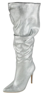 Berness Emerald Women's Rhinestone Slouchy Knee High Boots Pointed Toe Stiletto High Heel Sparkly Glam Party Dress Boots Silver