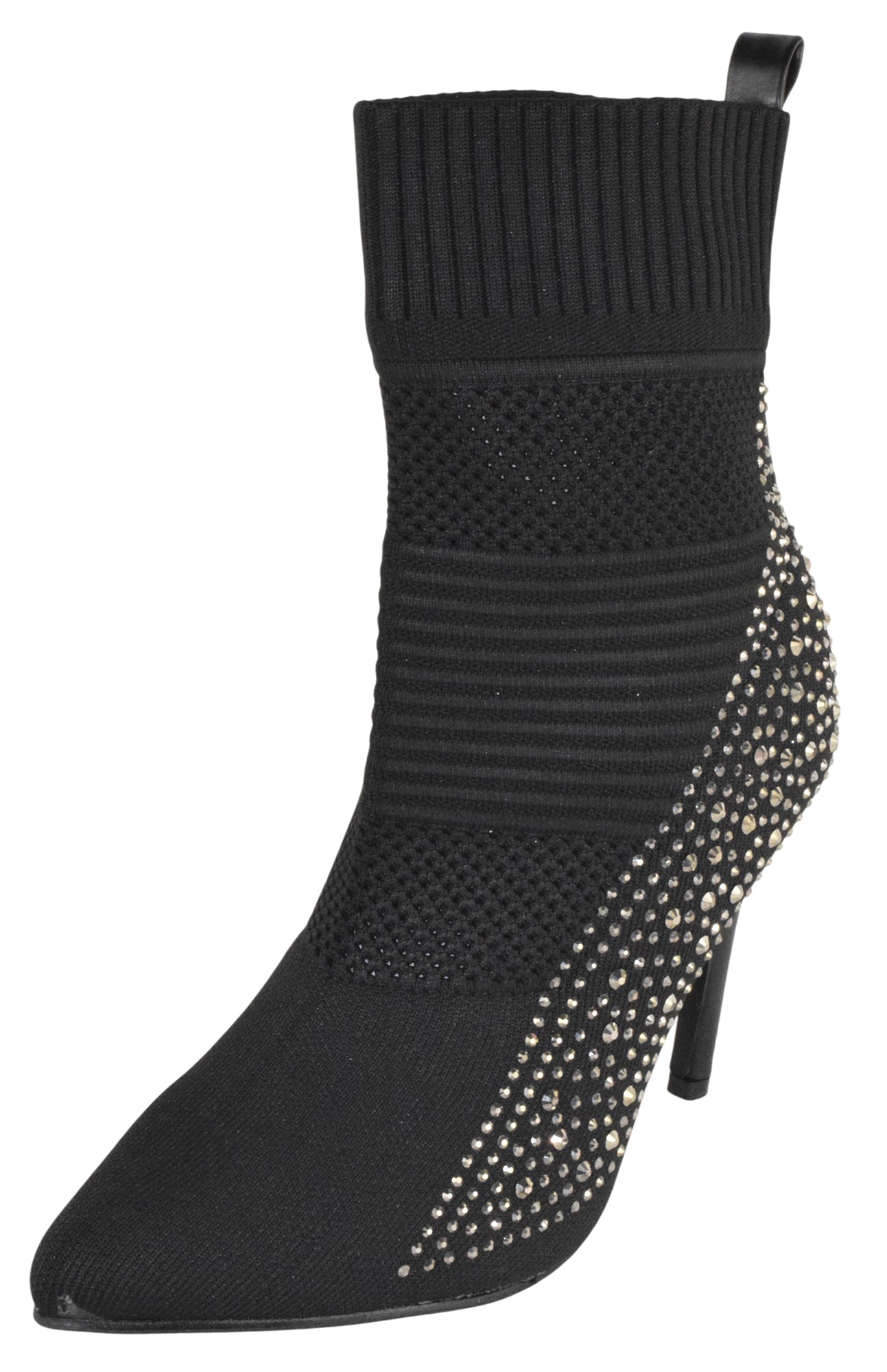 Forever Women Rhinestone Sock Booties Pointed Toe High Heel Ankle Boots Stretch Knit Stiletto Dress Shoes Sparkly Fashion Party Boots Black