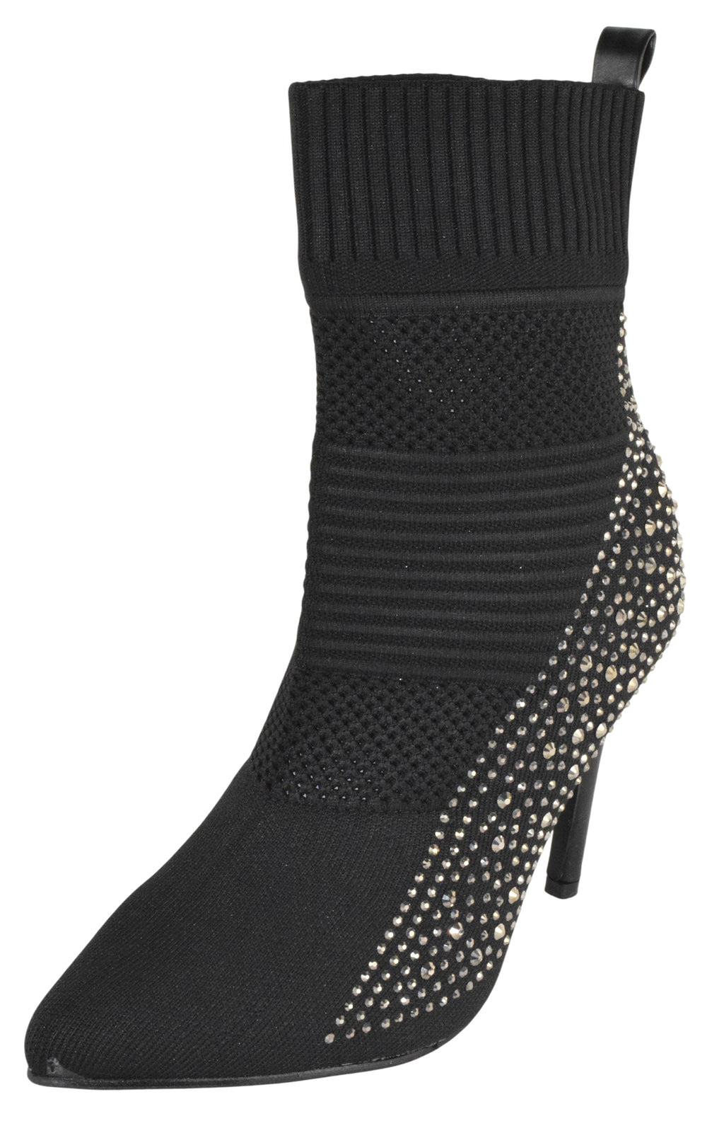 Forever Women Rhinestone Sock Booties Pointed Toe High Heel Ankle Boots Stretch Knit Stiletto Dress Shoes Sparkly Fashion Party Boots Black