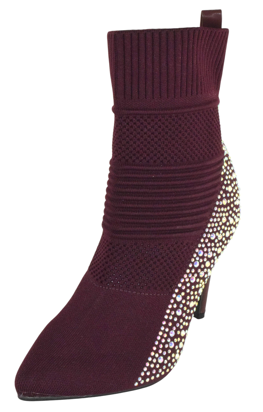 Forever Women Rhinestone Sock Booties Pointed Toe High Heel Ankle Boots Stretch Knit Stiletto Dress Shoes Sparkly Fashion Party Boots Burgundy Red Wine