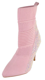 Forever Women Rhinestone Sock Booties Pointed Toe High Heel Ankle Boots Stretch Knit Stiletto Dress Shoes Sparkly Fashion Party Boots Pink