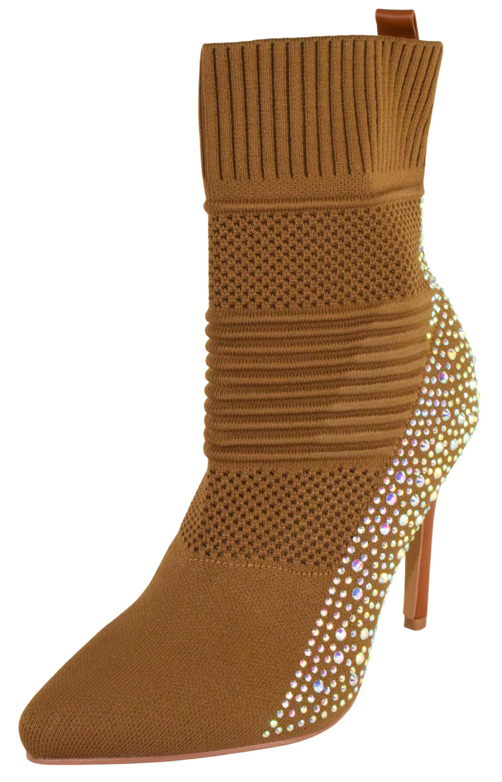 Forever Women Rhinestone Sock Booties Pointed Toe High Heel Ankle Boots Stretch Knit Stiletto Dress Shoes Sparkly Fashion Party Boots Tan Brown