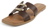 Soda Shoes Women Slip-On Sandals H-Band Flat Flip-Flops Slides Gold Buckle Square Toe FENG-S Brown