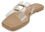 Soda Shoes Women Slip-On Sandals H-Band Flat Flip-Flops Slides Gold Buckle Square Toe FENG-S Clear Lucite