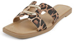 Soda Shoes Women Slip-On Sandals H-Band Flat Flip-Flops Slides Gold Buckle Square Toe FENG-S Leopard Cheetah 