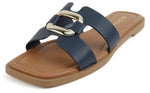 Soda Shoes Women Slip-On Sandals H-Band Flat Flip-Flops Slides Gold Buckle Square Toe FENG-S Navy Blue