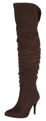 Forever Focus-36 Women's Slouchy Over The Knee Boots High Stiletto Heel Pointed Toe Faux Suede Side Zipper Thigh High Boots Brown