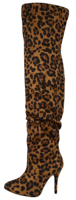 Forever Focus-36 Women's Slouchy Over The Knee Boots High Stiletto Heel Pointed Toe Faux Suede Side Zipper Thigh High Boots Leopard Cheetah