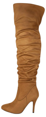 Forever Focus-36 Women's Slouchy Over The Knee Boots High Stiletto Heel Pointed Toe Faux Suede Side Zipper Thigh High Boots Tan Brown