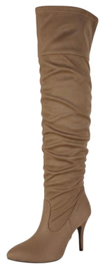 Forever Focus-36 Women's Slouchy Over The Knee Boots High Stiletto Heel Pointed Toe Faux Suede Side Zipper Thigh High Boots Taupe