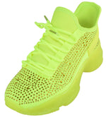 Berness Women’s Rhinestone Chunky Sneakers – Platform Lace-Up Fashion Walking Shoes, Sparkle Casual Sneakers FREYA Neon Yellow