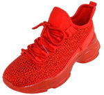 Berness Women’s Rhinestone Chunky Sneakers – Platform Lace-Up Fashion Walking Shoes, Sparkle Casual Sneakers FREYA Hot Red