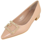 Berness Women’s Low Heel Pumps – Pointed Toe Dress Shoes with Rhinestone Buckle, Elegant Slip-On Kitten Heel GENEVA Nude Beige