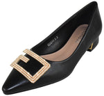 Berness Women’s Low Heel Pumps – Pointed Toe Dress Shoes with Rhinestone Buckle, Elegant Slip-On Kitten Heel GENEVA Black
