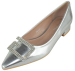 Berness Women’s Low Heel Pumps – Pointed Toe Dress Shoes with Rhinestone Buckle, Elegant Slip-On Kitten Heel GENEVA Silver