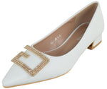 Berness Women’s Low Heel Pumps – Pointed Toe Dress Shoes with Rhinestone Buckle, Elegant Slip-On Kitten Heel GENEVA White