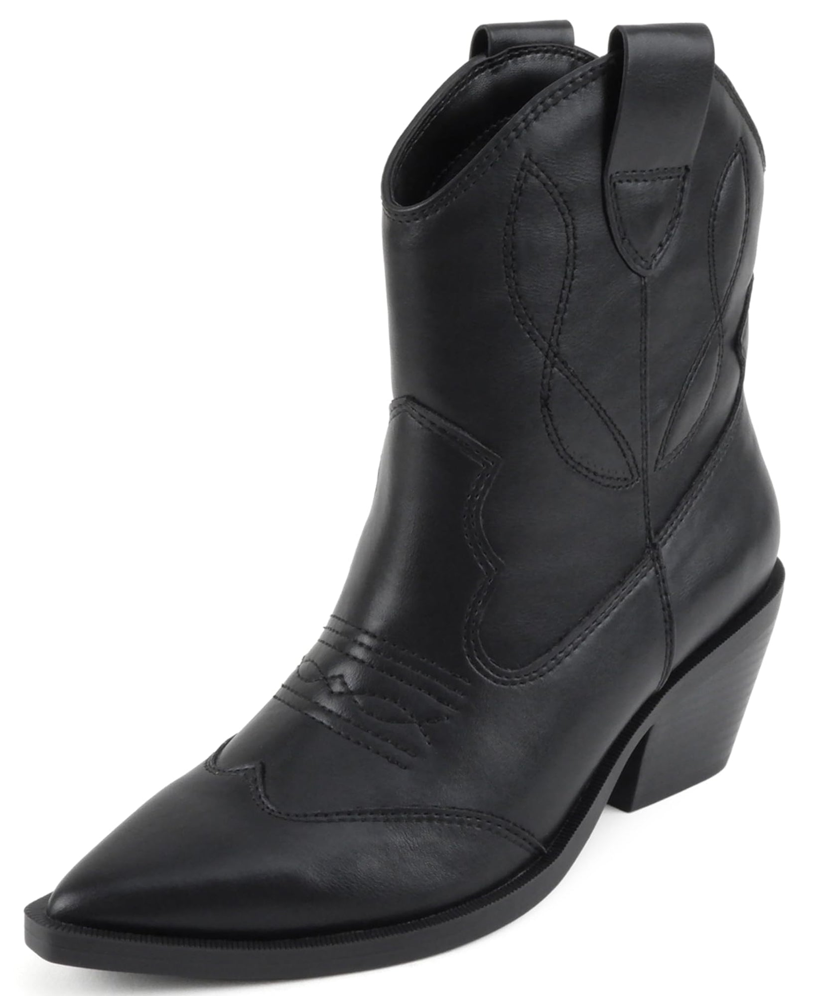 Soda Women Ankle Boots Western Cowboy Slip On Short Block Heel Pointed Toe Cowgirl Stitched Booties INCITY-S Black PU