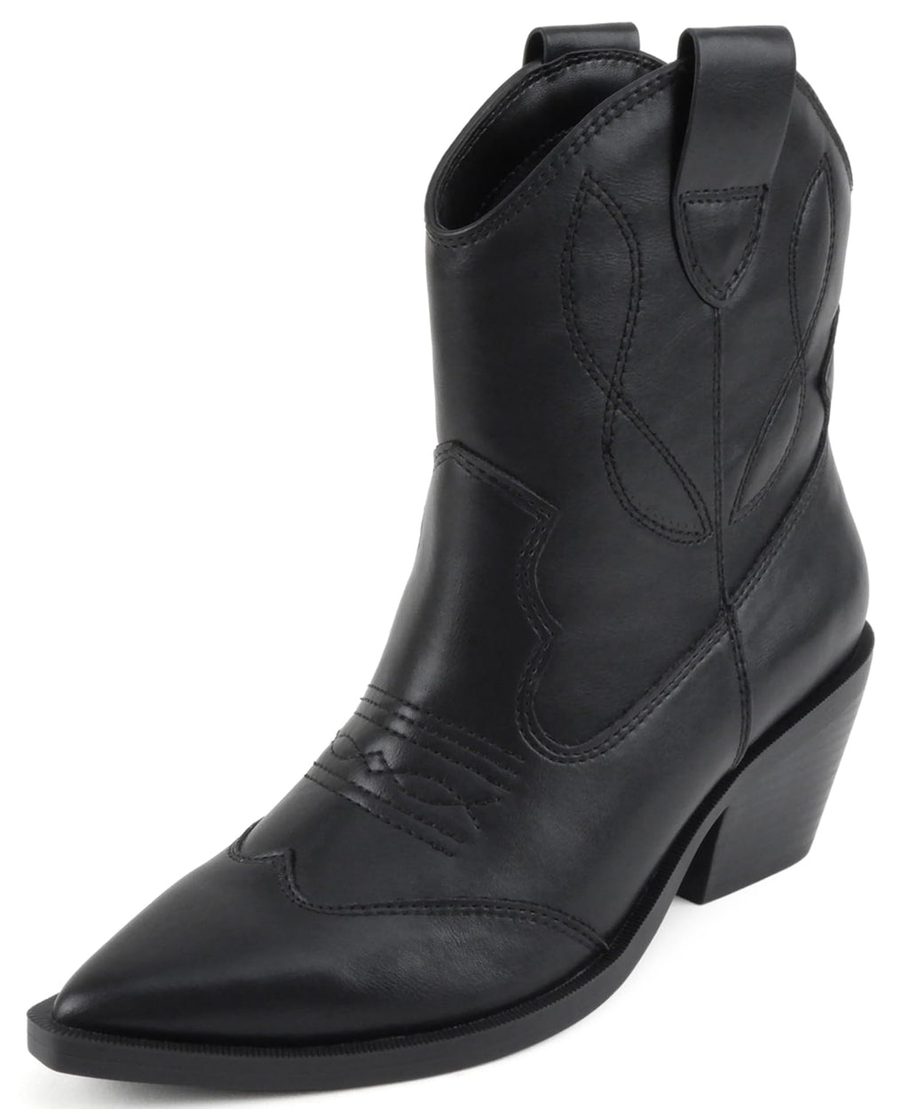 Soda Women Ankle Boots Western Cowboy Slip On Short Block Heel Pointed Toe Cowgirl Stitched Booties INCITY-S Black PU