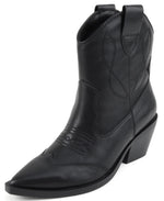 Soda Women Ankle Boots Western Cowboy Slip On Short Block Heel Pointed Toe Cowgirl Stitched Booties INCITY-S Black PU