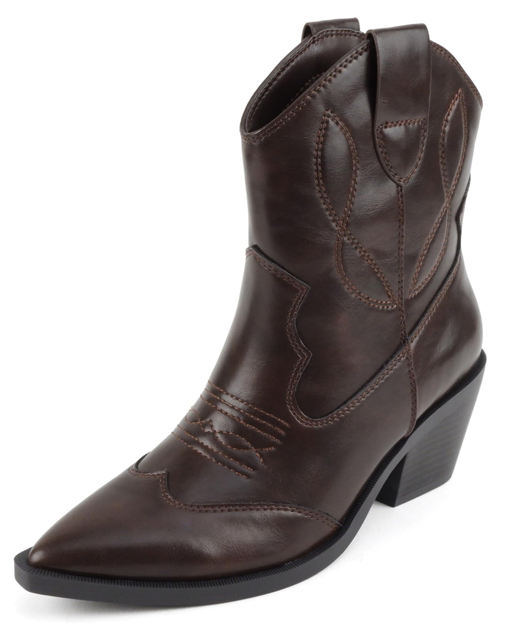 Soda Women Ankle Boots Western Cowboy Slip On Short Block Heel Pointed Toe Cowgirl Stitched Booties INCITY-S Brown